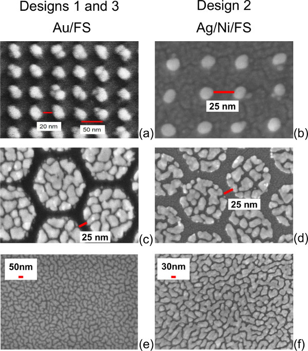 Immagini SEM di nanostruttura; Au/FS, Ag/Ni/FS, scala 20-50 nm; Analisi comparativa del design dei materiali.