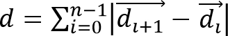 Mathematical formula for distance calculation, vector notation, equation representation.