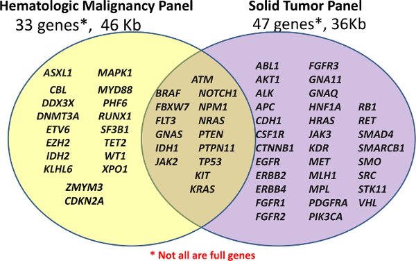 Gene panel Venn diagram; Hematologic malignancy vs. solid tumor genes for research insights.