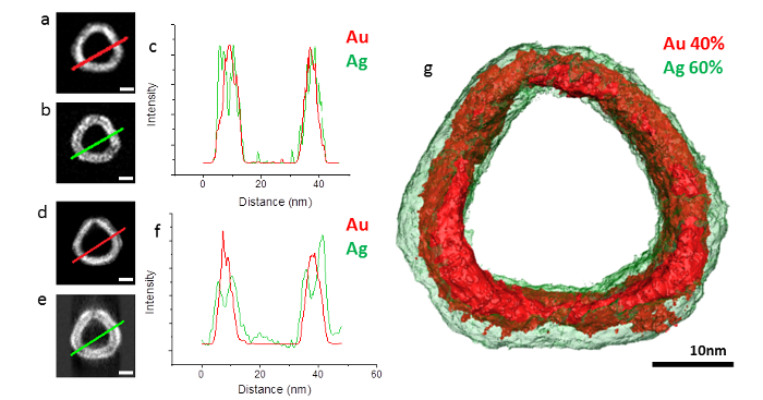 Nanostructure analysis; Au-Ag distribution; TEM images, intensity graphs, 3D reconstruction.