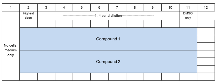Dose-response assay diagram; 1:4 serial dilution of compounds; drug screening setup.