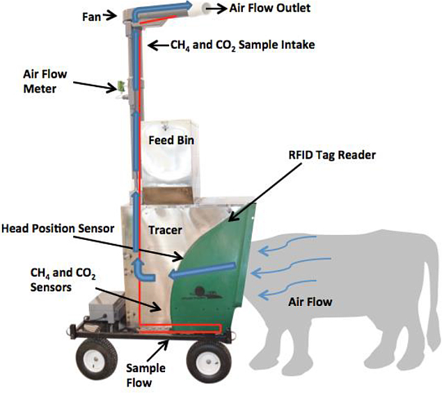 Cow gas emission analysis setup, methane CO2 sampling diagram with sensors, airflow system.