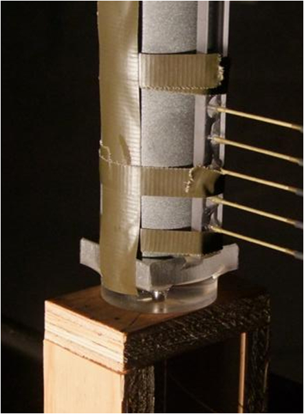 Static equilibrium in physics experiment setup; tension in strings, duct-taped column structure.