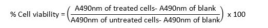 Cell viability calculation formula, diagram of spectrophotometric analysis method at 490 nm.