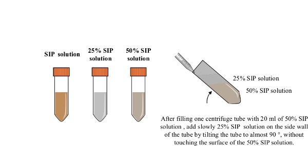 Centrifuge tube filling method for SIP solution concentration gradient setup in lab experiment.