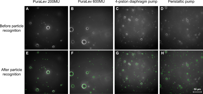 figure-results-1 Particle recognition in microscopy; comparison of pump types; fluorescence analysis results.