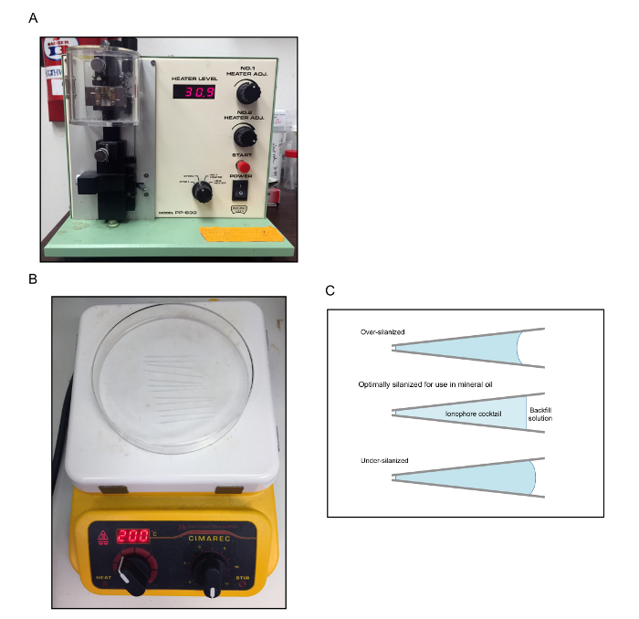 figure-protocol-4 Heater setup, hot plate, and silanization process in experimental and analytical diagrams.