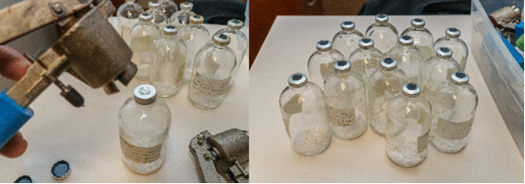 figure-results-2 Sterilization process, vial sealing. Equipment: crimping tool, multiple sealed and unsealed vials.