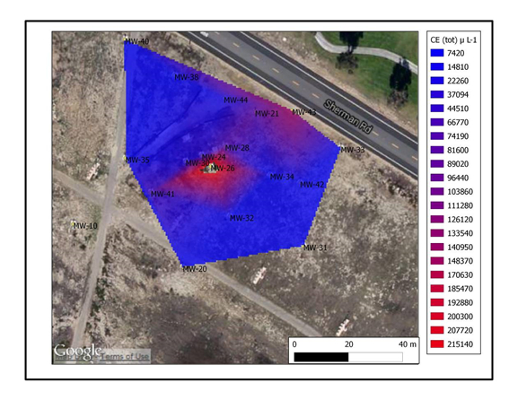 figure-results-5 Groundwater contamination heatmap diagram; color-coded data on concentration levels near Sherman Rd.