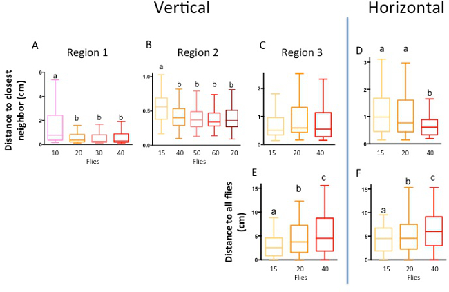 figure-results-2 Box plots comparison of fly distances, vertical vs. horizontal, in regions 1-3; includes statistical data.
