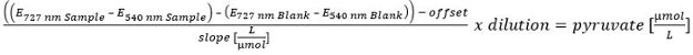 Pyruvate concentration formula, spectroscopic analysis equation, UV-Vis absorption measurement.