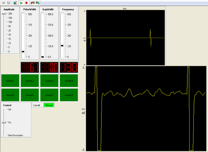 Electrophysiology setup with pulse controls, displaying neural signal graphs for data analysis.