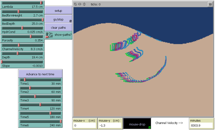 Sediment transport simulation, diagram of riverbed changes, modeling fluid dynamics, time-lapse analysis.