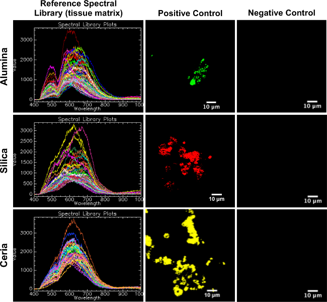 Spectral library plots, positive/negative controls; optical microscopy; alumina, silica, ceria analysis.