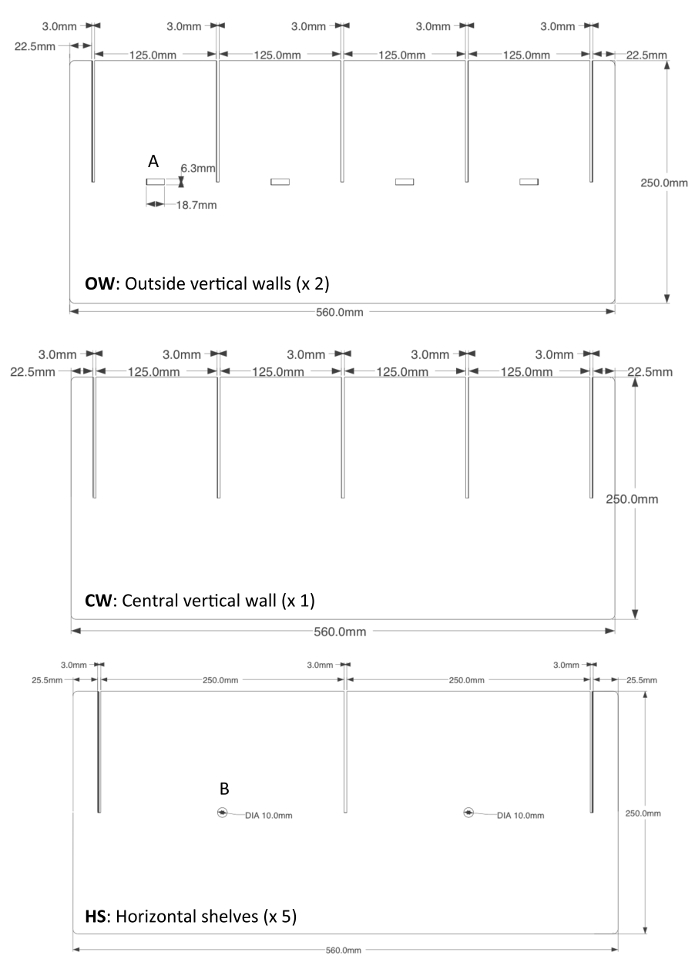 Shelf construction design with dimensions; outside and central vertical walls and horizontal shelves.