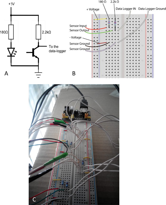Transistor circuit diagram, breadboard wiring setup for sensor and LED data logging experiment.
