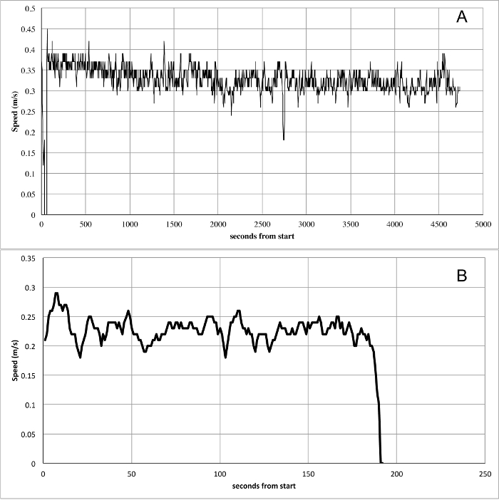Speed analysis graph showing velocity vs. time; two charts compare stability over 5000, 250 seconds.