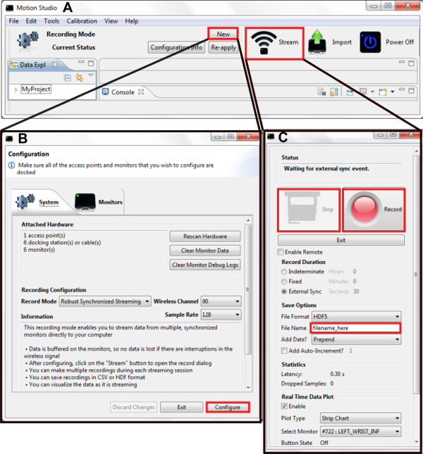 Motion data recording setup; GUI for synchronized streaming; configuration and record interface.