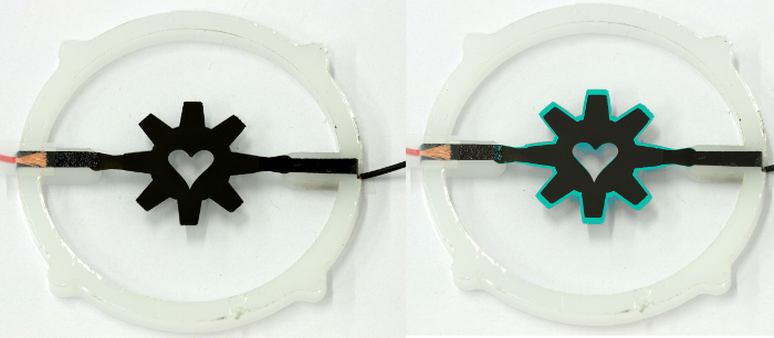 figure-results-2 Soft robotics actuator demonstration; mechanical gear with embedded heart design in elastic material.