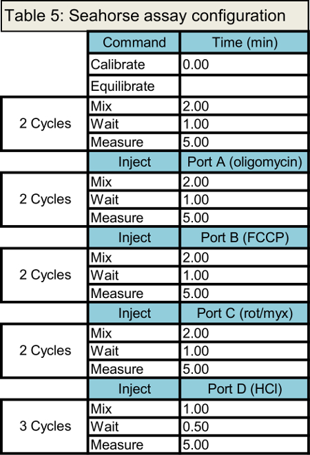 Seahorse assay table detailing compound injections and timings for metabolic activity measurement.