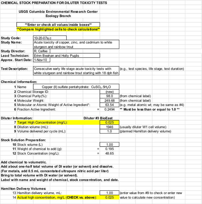 Chemical toxicity test preparation chart for diluter concentrations and chemical data.