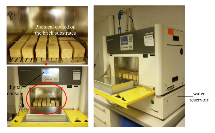 figure-introduction-3 Photocal coating experiment; coatings on brick substrates in a weathering chamber with digital console.