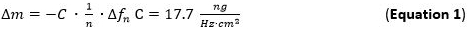 Mass change formula Δm=-C/n*Δfn; depicts equation for scientific calculations, Equation 1.