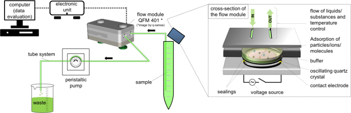Flow module system diagram; peristaltic pump, electronic unit, liquid adsorption analysis.