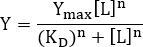 Ligand binding equation, Y=(Ymax[L]^n)/(K_D^n+[L]^n), mathematical formula.