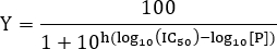 Dose-response equation for drug potency analysis, symbolized as Y=100/(1+10^(h(log(IC50)-log[P]))).