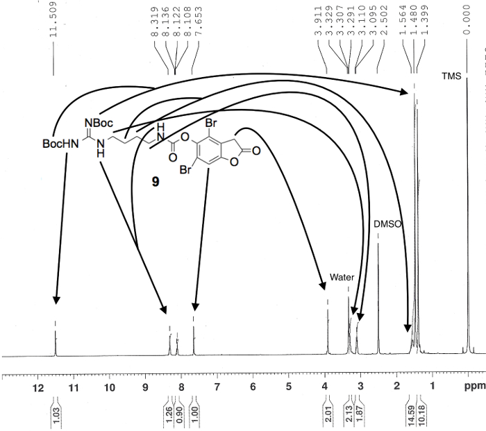 NMR spectroscopy diagram; chemical shift; BocHN, DMSO, TMS peaks; molecular structure analysis.