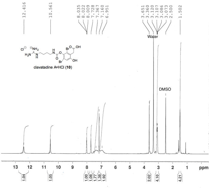 NMR spectrum diagram of clavatadine A·HCl in DMSO, displaying chemical shifts in ppm.