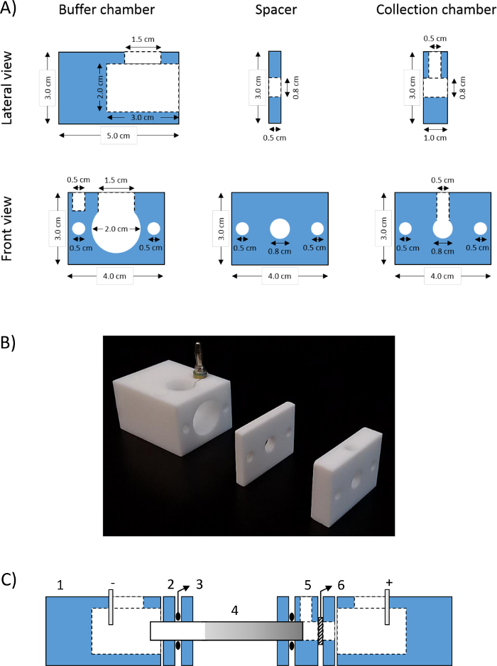 Electrochemical cell assembly diagram, spacer, buffer chamber, collection chamber, lateral view.