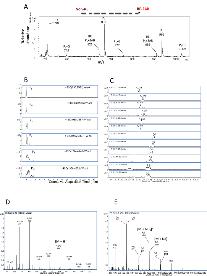 figure-results-2 Mass spectrometry chromatography results; m/z values, EICs, RE-2AB peaks, mass/charge ratio analysis.