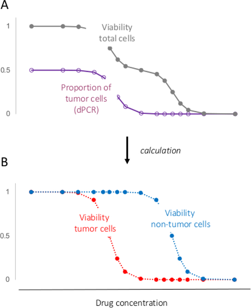 figure-results-4 Tumor and non-tumor cell viability vs. drug concentration graph, dPCR data, viability calculation.