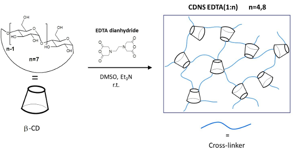β-CD cross-linking with EDTA dianhydride, diagram; polymer network formation, chemical reaction.