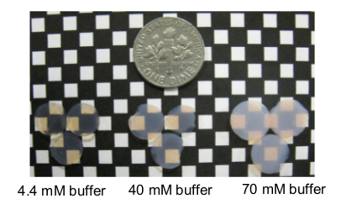Buffer concentration test using hydrogels, experiment comparison with 4.4, 40, and 70 mM samples.