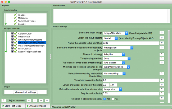 CellProfiler workflow software, image analysis and object identification parameters, diagram UI.