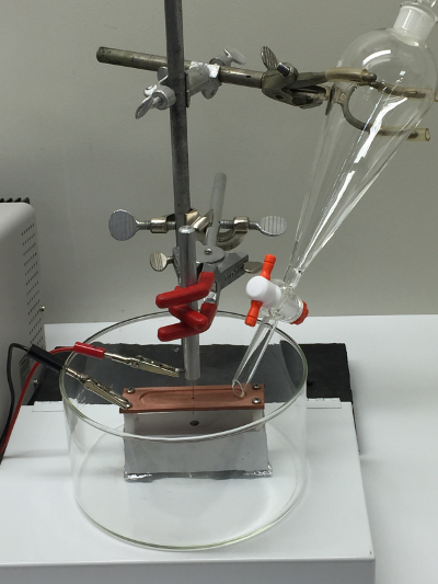 figure-introduction-1 Solvent extraction setup with separatory funnel; electrochemical analysis in beaker; experiment setup.