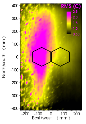 figure-results-8 Surface roughness heat map, color-coded RMS (C) values, diagram showing topographic variation.