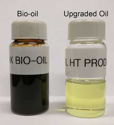 figure-results-4 Bio-oil conversion process; bio-oil vs. upgraded oil; chemical refinement results; experiment setup.