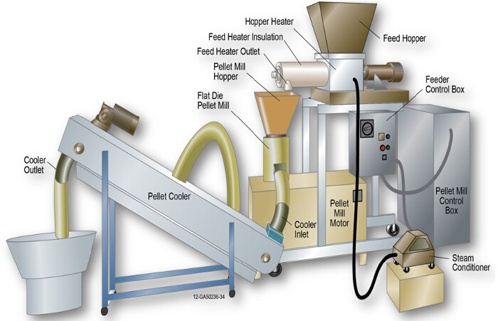 Pellet mill diagram; components include steam conditioner, feed hopper, pellet cooler; processing layout.