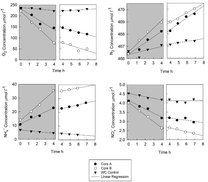 Gas concentration changes; O₂, N₂, NH₄⁺, NOₓ vs time graphs with regression; environmental study.