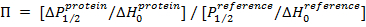 Static equilibrium formula: Π = [(ΔP protein / ΔH protein) / (P reference / ΔH reference)]; equation