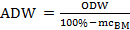 ADW equation for calculating oven dry weight in biomass research, shown as a mathematical formula.