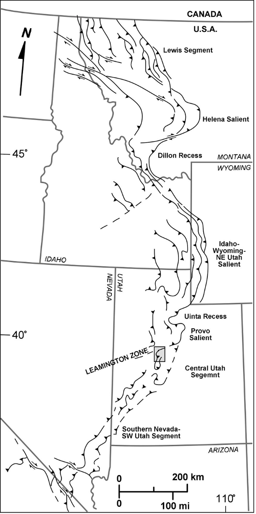 Tectonic map diagram of western U.S. fault segments, detailing geological salients and recesses.