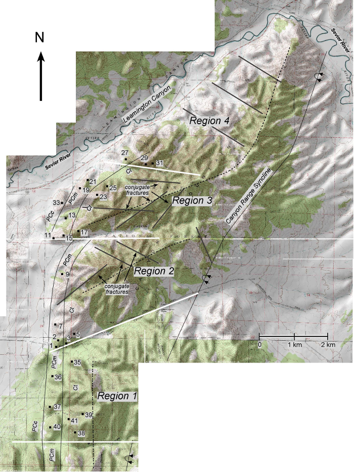 Fault mapping diagram with conjugate fractures across geological regions; topographic details shown.