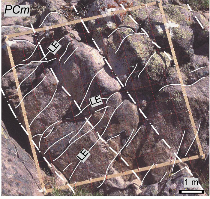 figure-protocol-1 Rock joint pattern analysis diagram with mapped fractures and directional stress lines.