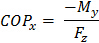 Equation for center of pressure calculation; COPx = -My/Fz; biomechanics analysis.