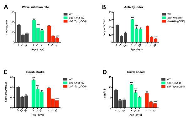 figure-results-1 Wave initiation rate, activity index, brush stroke, travel speed bar chart; genetic aging study data.